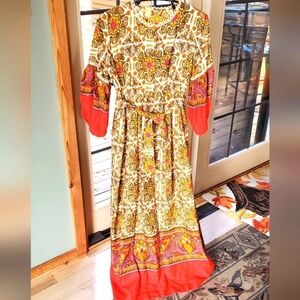 Vintage 1960s Maxi Psychedelic Abstract Multicolor Ruffle Ballon Slv. Sz S Dress